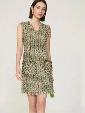 Callas Colette Dress Tweed Fringe Trim Sleeveless Mini Shift Multicolor 40